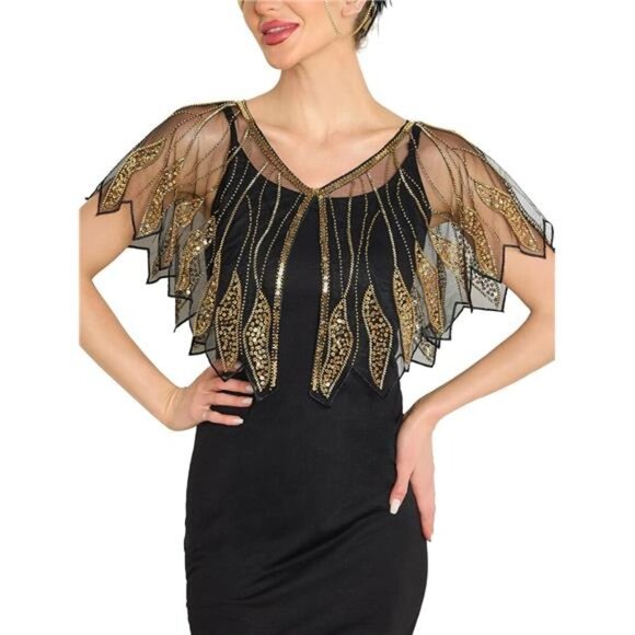 Women's Shawl Wraps, Sequin Beaded Flapper Gold x Black - Picture 1 of 6